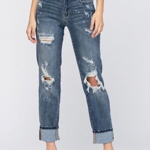 Judy Blue Bleach Splatter Boyfriend Jeans - Dark Wash